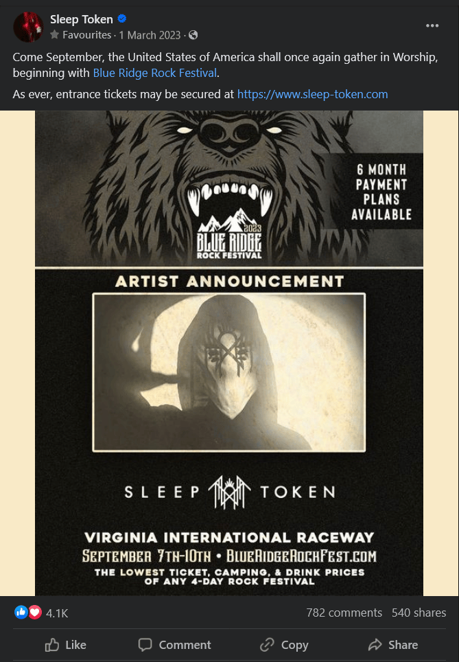 Ritual Announcement: Blue Ridge Rock Festival 2023 – The Sleep Token ...
